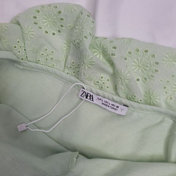 ZARA‎ mint green eyelet lace relaxed voluminous midi dress L - Picture 6 of 10